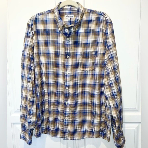 Peter Millar Classic Crown Blue and Tan Plaid Button Down Shirt Large - Picture 2 of 4